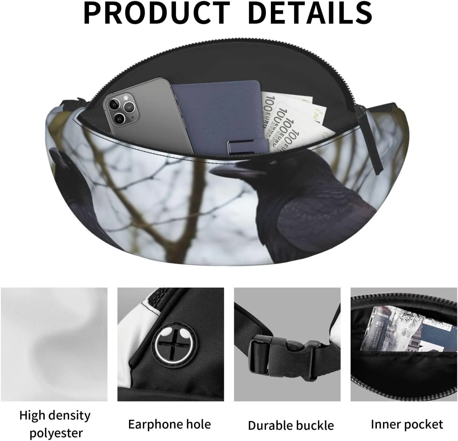 Black Crow Birds Fanny Pack for Man Women Waist Bag Adjustable Belt Casual Chest Bag Bum Bags for Travel Sports Running Hiking Waist Packs