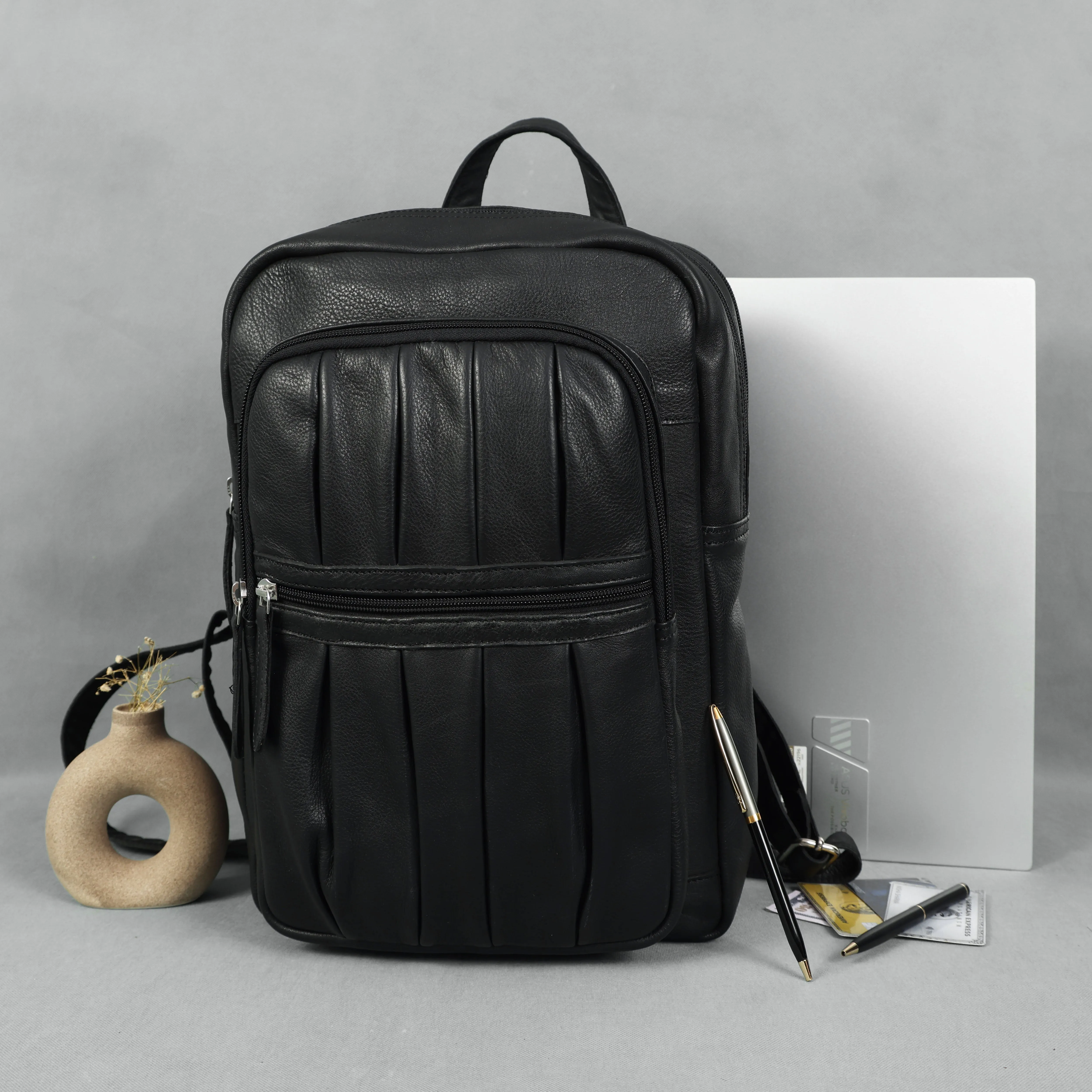 Black PURE Leather Backpack – Minimalist & Durable Everyday Companion. BG-1631