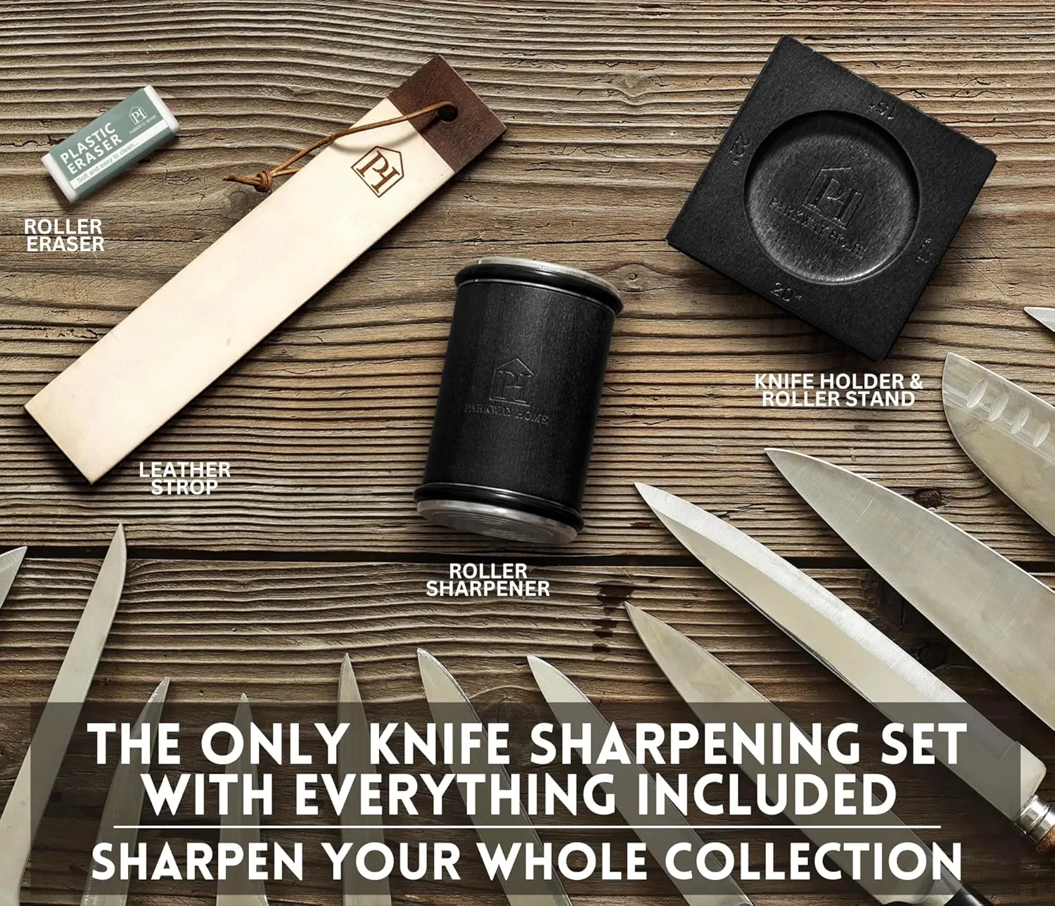 Black Roller Sharpener for Knives with Leather Strop - Knife Sharpener Kit with 15, 17, 20 & 22 Degree Angles - Roller Knife Sharpening System Stand, Holder & Eraser