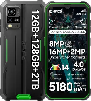 Blackview BV4800 Pro Android 14 Rugged Phone Unlocked, Octa-core 12GB 128GB/SD 2TB, IP69K Waterproof Rugged Smartphone, 6.56''HD Display, 5180mAh Battery, NFC, 4G Dual SIM, 3 Card Slots,Glove Mode,GPS