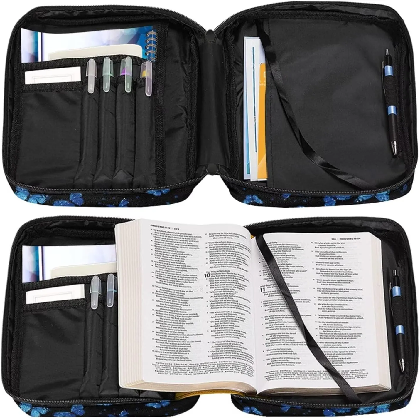 Blue Butterfly Design Bible Covers for Women with Keychain Lightweight Waterproof Bible Case for Girls Church Bag Bible Protective with Handle and Zippered Pocket
