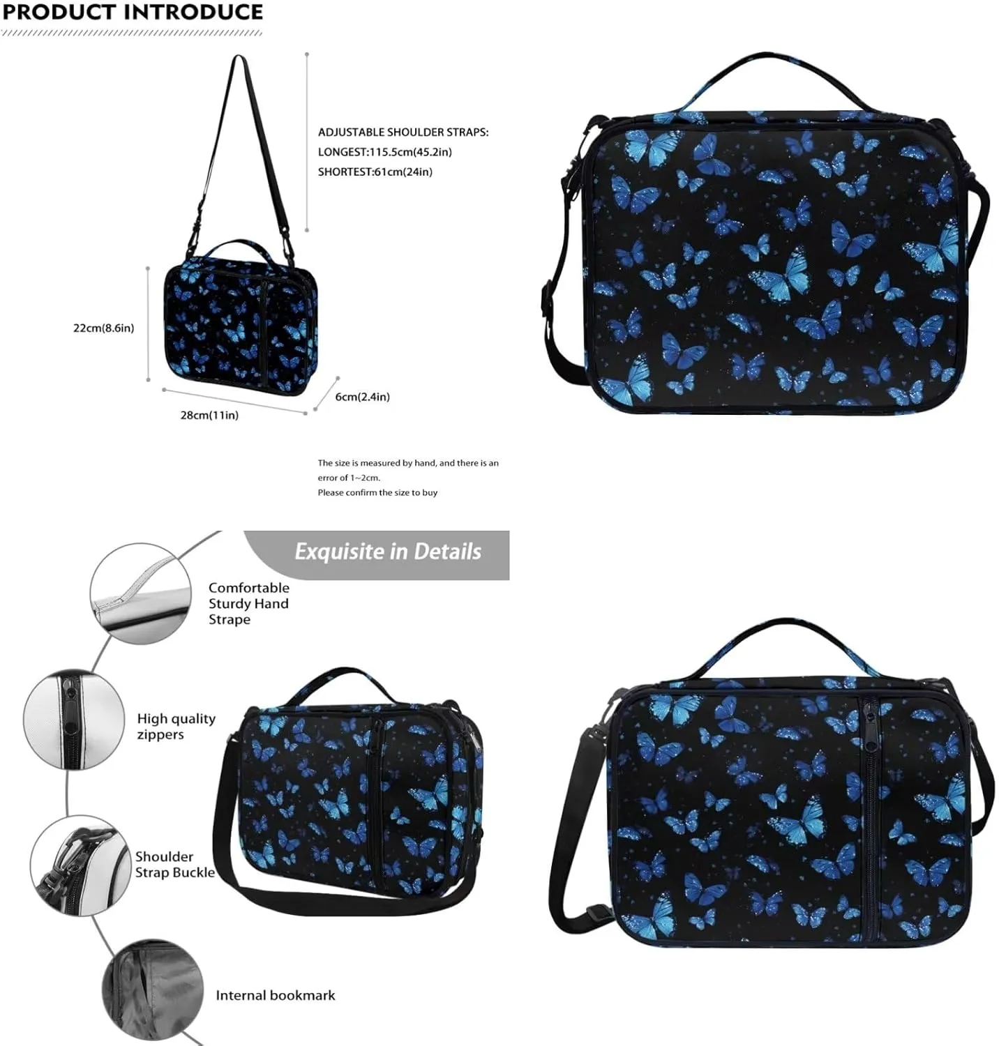 Blue Butterfly Design Bible Covers for Women with Keychain Lightweight Waterproof Bible Case for Girls Church Bag Bible Protective with Handle and Zippered Pocket