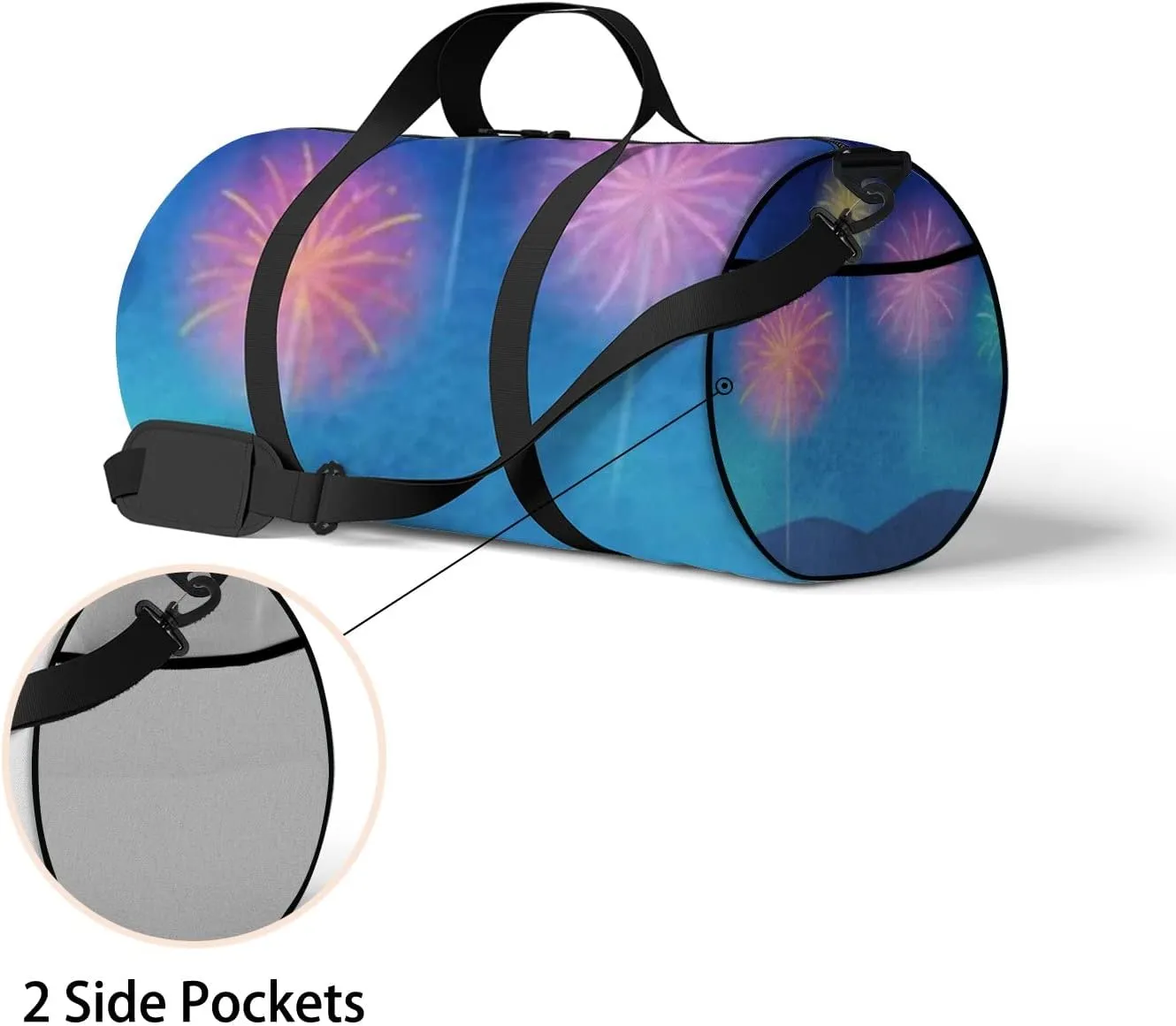 Blue Cute Beautiful Summer Fireworks and Sunflower Sports Bag Tote Bag Waterproof Gym Bag with Shoulder Strap Zipper 2 Side Pockets for Men and Women, Travel and Storage Shoulder Bag.