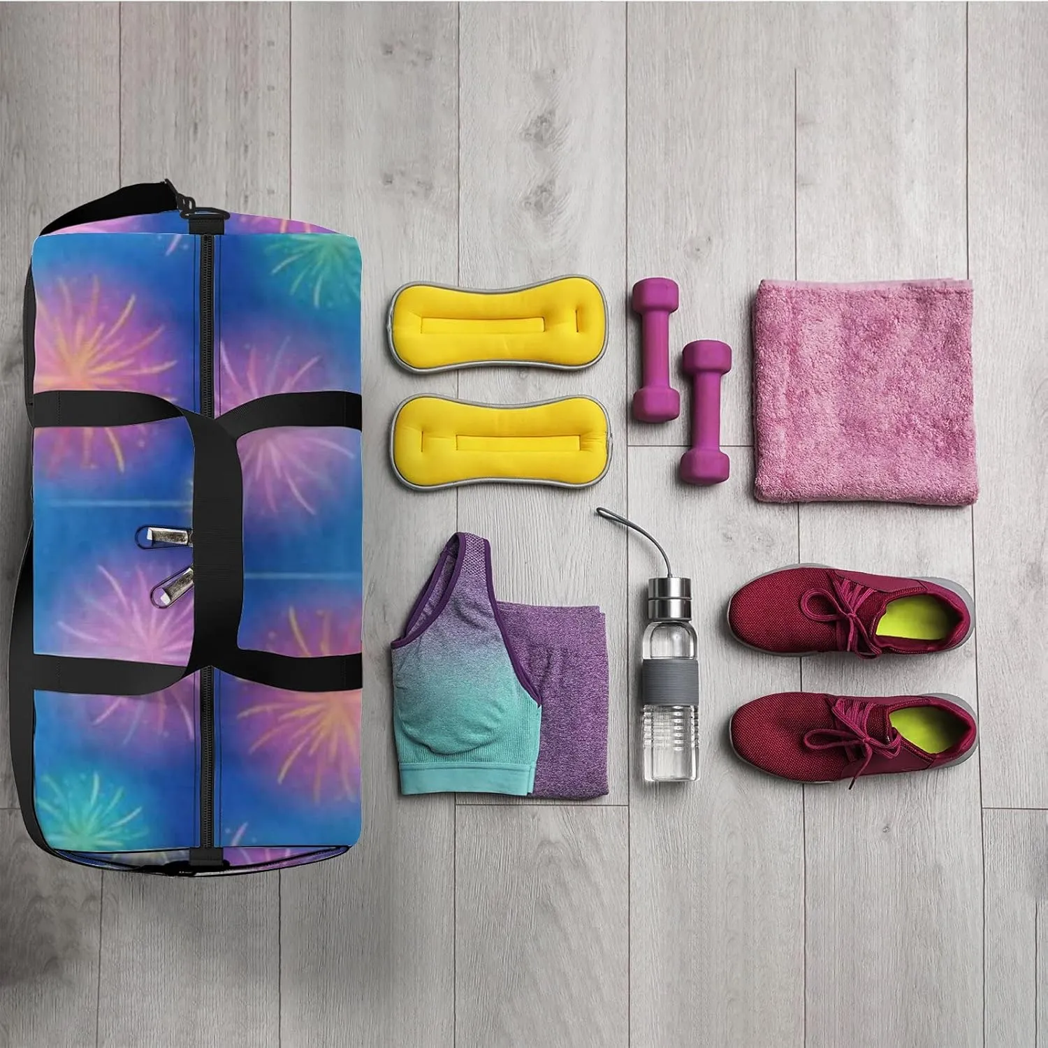 Blue Cute Beautiful Summer Fireworks and Sunflower Sports Bag Tote Bag Waterproof Gym Bag with Shoulder Strap Zipper 2 Side Pockets for Men and Women, Travel and Storage Shoulder Bag.
