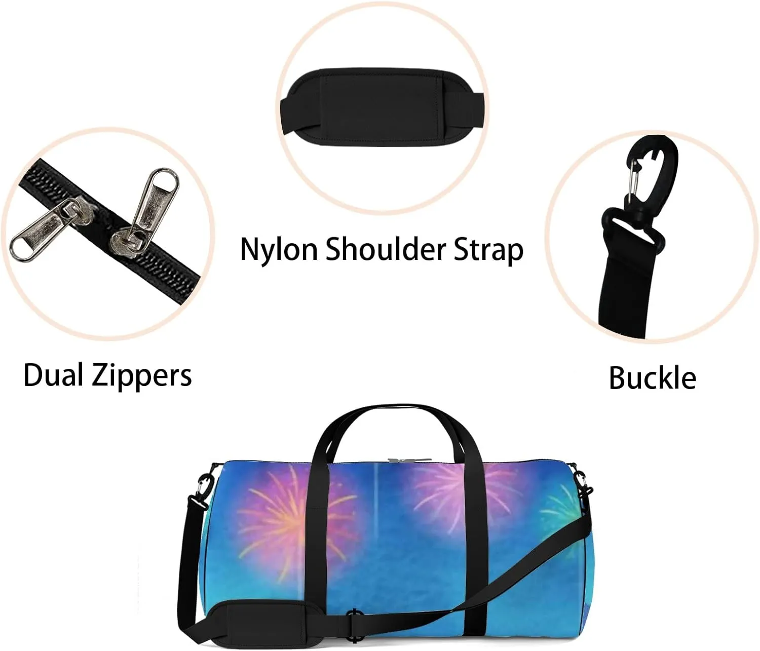 Blue Cute Beautiful Summer Fireworks and Sunflower Sports Bag Tote Bag Waterproof Gym Bag with Shoulder Strap Zipper 2 Side Pockets for Men and Women, Travel and Storage Shoulder Bag.
