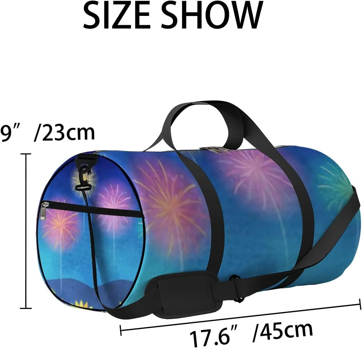 Blue Cute Beautiful Summer Fireworks and Sunflower Sports Bag Tote Bag Waterproof Gym Bag with Shoulder Strap Zipper 2 Side Pockets for Men and Women, Travel and Storage Shoulder Bag.