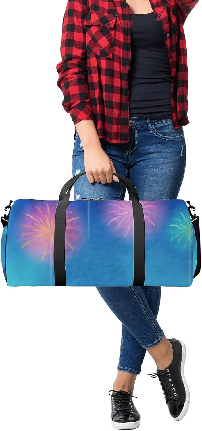 Blue Cute Beautiful Summer Fireworks and Sunflower Sports Bag Tote Bag Waterproof Gym Bag with Shoulder Strap Zipper 2 Side Pockets for Men and Women, Travel and Storage Shoulder Bag.