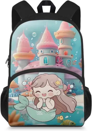 Blue Kids School Backpack - 15 Inch Bookbag For Girls Boys - Waterproof Durable School Bag For Teenager & Travel Mermaid Castle Pattern