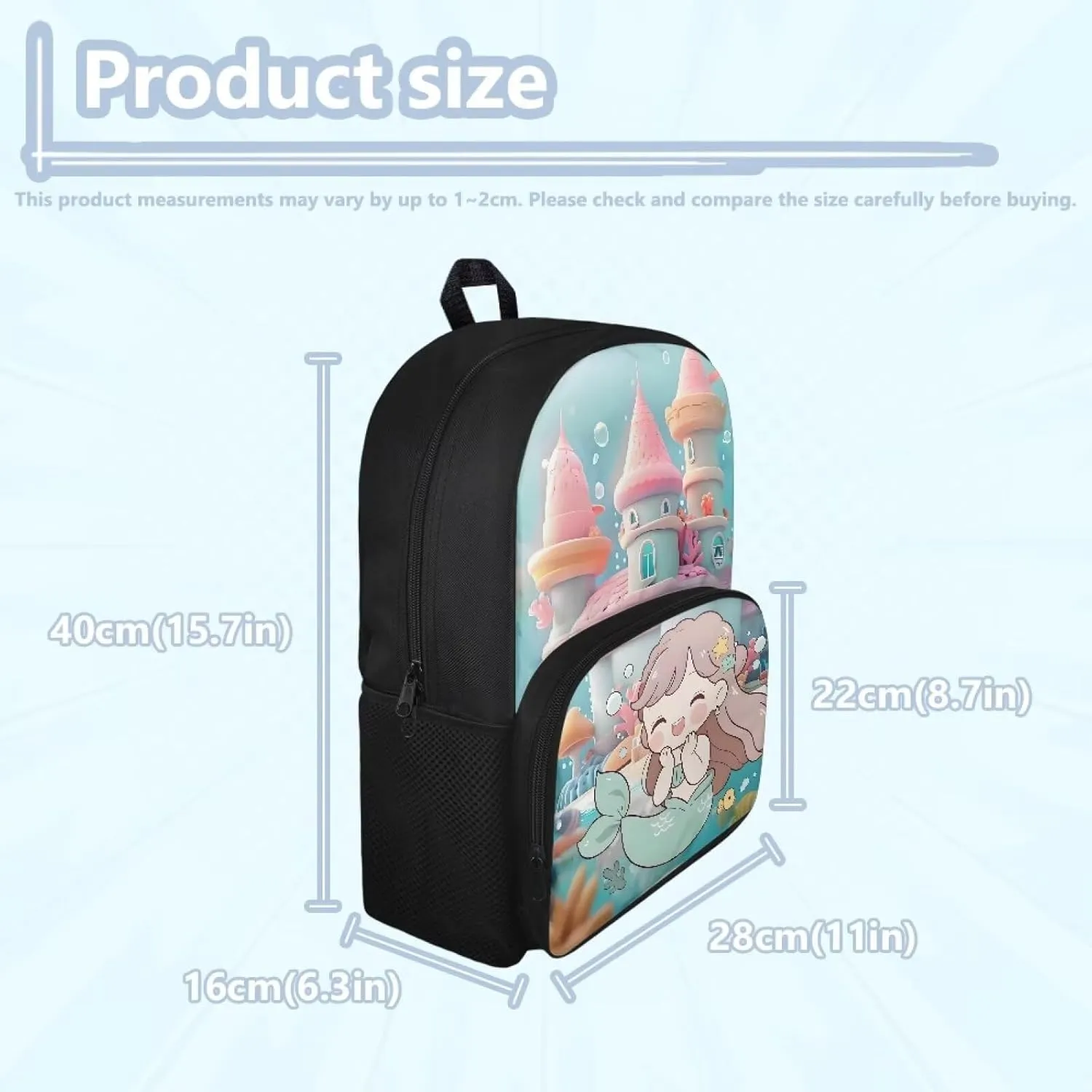 Blue Kids School Backpack - 15 Inch Bookbag For Girls Boys - Waterproof Durable School Bag For Teenager & Travel Mermaid Castle Pattern
