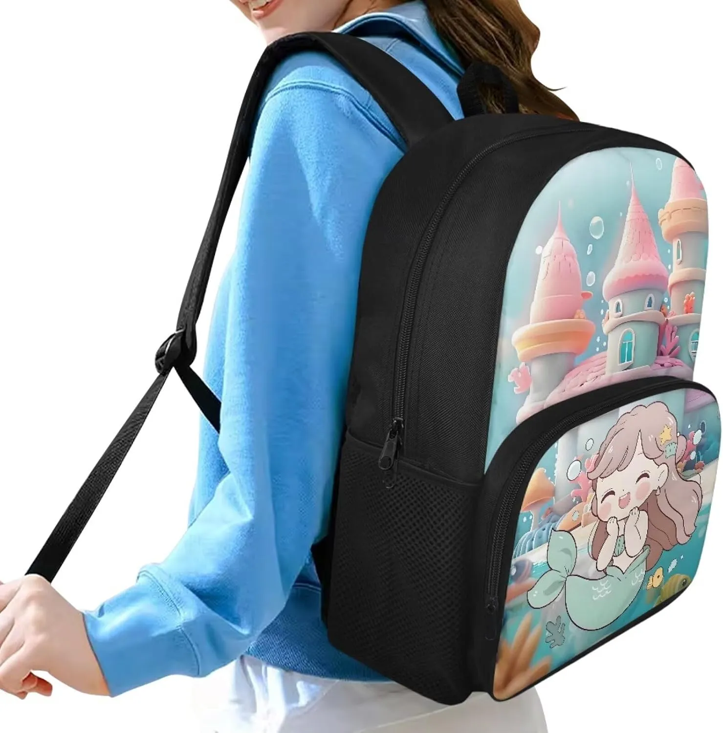 Blue Kids School Backpack - 15 Inch Bookbag For Girls Boys - Waterproof Durable School Bag For Teenager & Travel Mermaid Castle Pattern