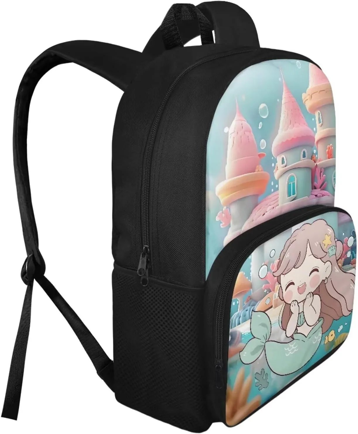 Blue Kids School Backpack - 15 Inch Bookbag For Girls Boys - Waterproof Durable School Bag For Teenager & Travel Mermaid Castle Pattern