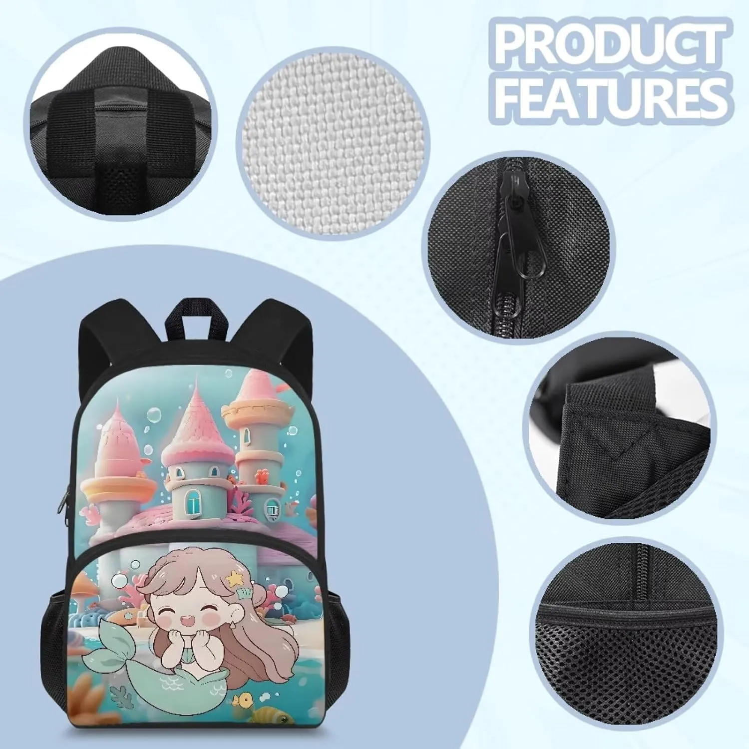 Blue Kids School Backpack - 15 Inch Bookbag For Girls Boys - Waterproof Durable School Bag For Teenager & Travel Mermaid Castle Pattern