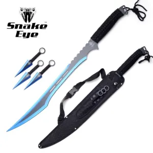 BLUE MACHETE WITH 3PC KUNAI SET