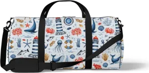 Blue Nautical Animal Seaweed Coral Shell Sports Bag Tote Bag Waterproof Gym Bag with Shoulder Strap Zipper 2 Side Pockets for Men and Women, Travel and Storage Shoulder Bag.