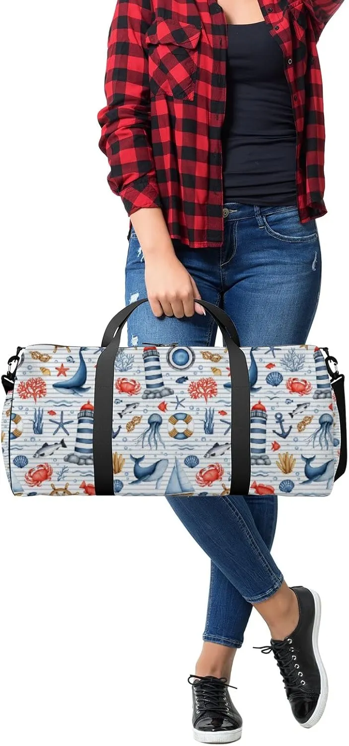 Blue Nautical Animal Seaweed Coral Shell Sports Bag Tote Bag Waterproof Gym Bag with Shoulder Strap Zipper 2 Side Pockets for Men and Women, Travel and Storage Shoulder Bag.