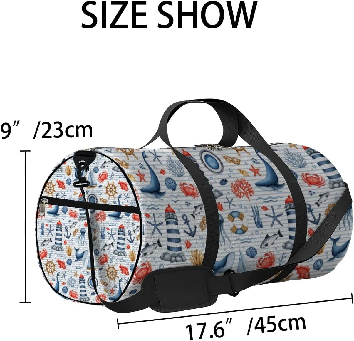 Blue Nautical Animal Seaweed Coral Shell Sports Bag Tote Bag Waterproof Gym Bag with Shoulder Strap Zipper 2 Side Pockets for Men and Women, Travel and Storage Shoulder Bag.