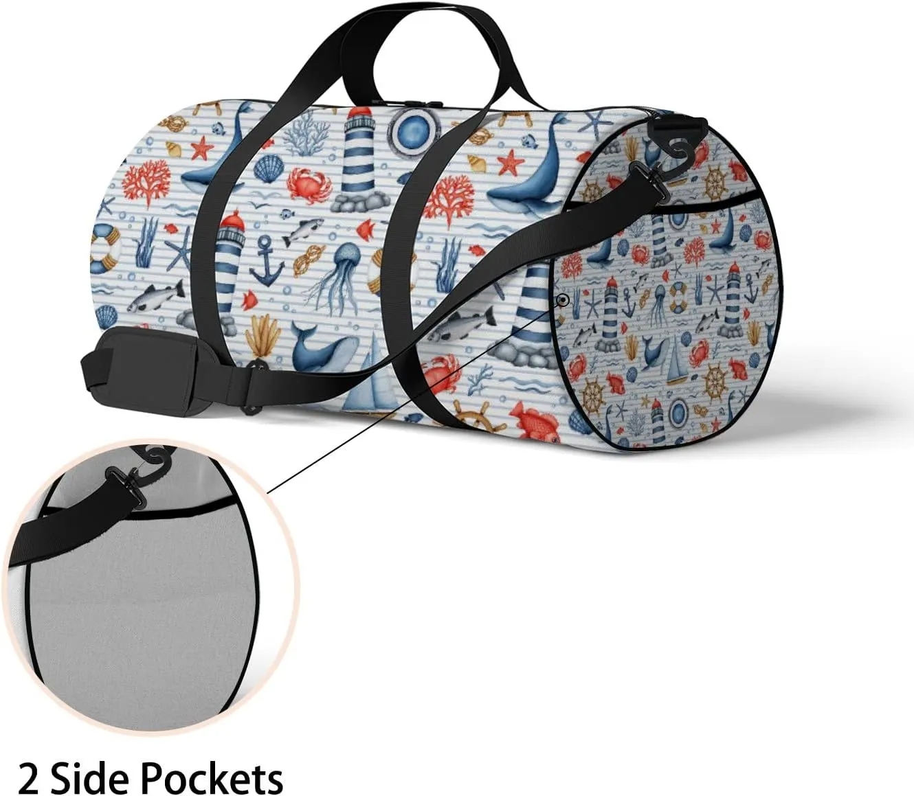 Blue Nautical Animal Seaweed Coral Shell Sports Bag Tote Bag Waterproof Gym Bag with Shoulder Strap Zipper 2 Side Pockets for Men and Women, Travel and Storage Shoulder Bag.