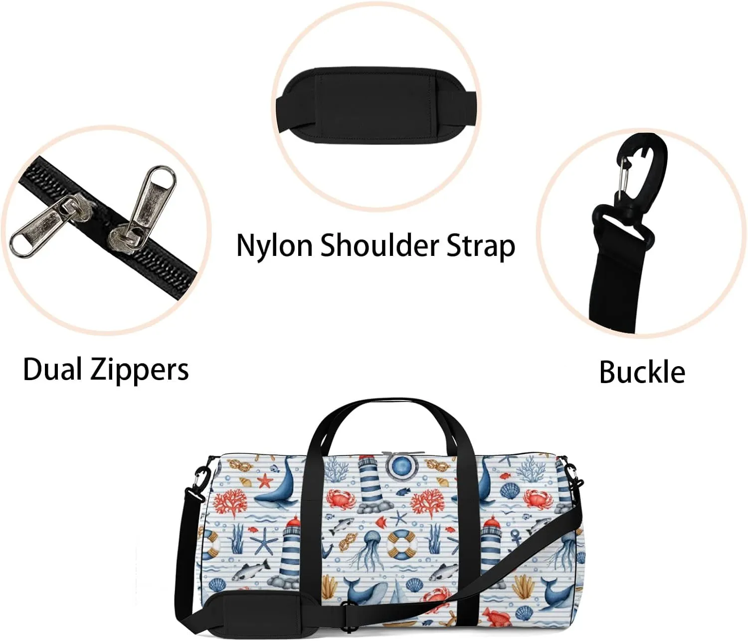 Blue Nautical Animal Seaweed Coral Shell Sports Bag Tote Bag Waterproof Gym Bag with Shoulder Strap Zipper 2 Side Pockets for Men and Women, Travel and Storage Shoulder Bag.