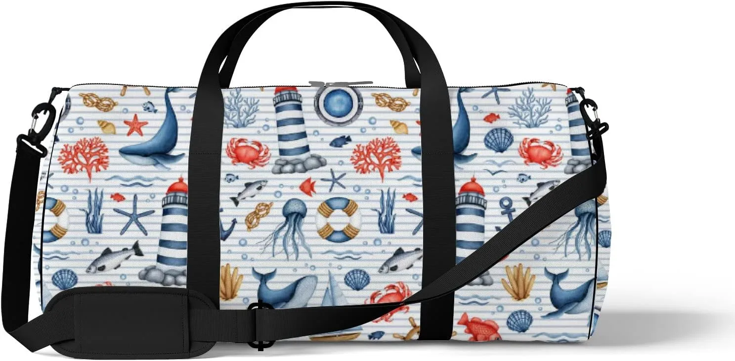 Blue Nautical Animal Seaweed Coral Shell Sports Bag Tote Bag Waterproof Gym Bag with Shoulder Strap Zipper 2 Side Pockets for Men and Women, Travel and Storage Shoulder Bag.