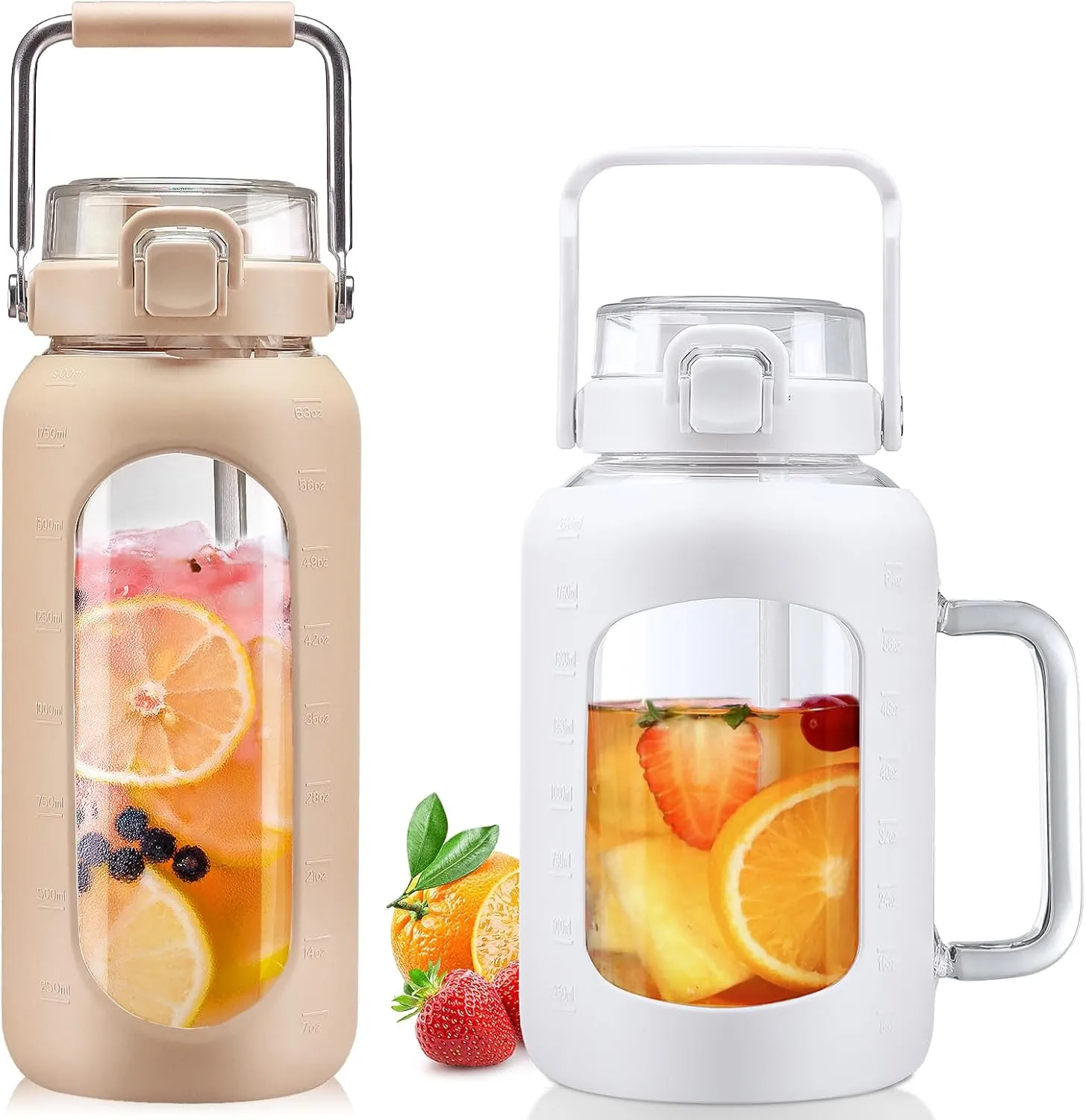 BLUEGO 64oz and 64oz Glass Water Bottles Bundle(64 Amber   64 White) with Straw and Lids Handle Large Water Bottle with Sleeve, Half Gallon Water Jug, Glass Water Container, BPA Free