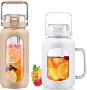 BLUEGO 64oz and 64oz Glass Water Bottles Bundle(64 Amber   64 White) with Straw and Lids Handle Large Water Bottle with Sleeve, Half Gallon Water Jug, Glass Water Container, BPA Free