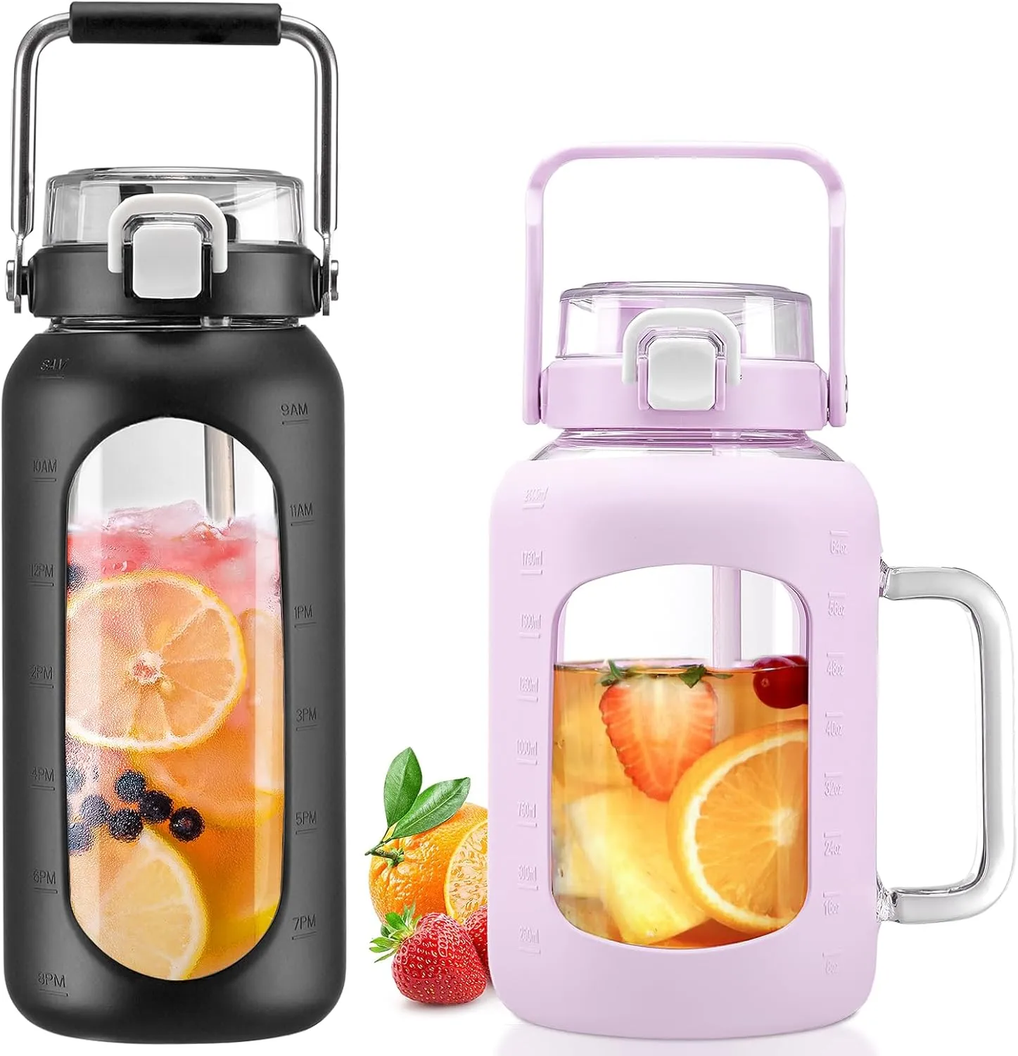 BLUEGO 64oz and 64oz Glass Water Bottles Bundle(64 Black   64 Purple) with Straw and Lids Handle Large Water Bottle with Sleeve, Half Gallon Water Jug, Glass Water Container, BPA Free