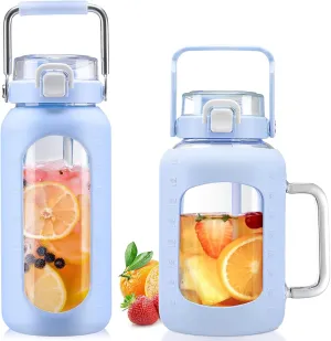 BLUEGO 64oz and 64oz Glass Water Bottles Bundle(64 LBlue   64 Blue) with Straw and Lids Handle Large Water Bottle with Sleeve, Half Gallon Water Jug, Glass Water Container, BPA Free