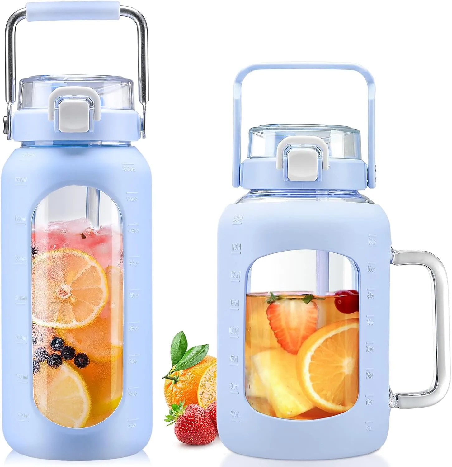 BLUEGO 64oz and 64oz Glass Water Bottles Bundle(64 LBlue   64 Blue) with Straw and Lids Handle Large Water Bottle with Sleeve, Half Gallon Water Jug, Glass Water Container, BPA Free