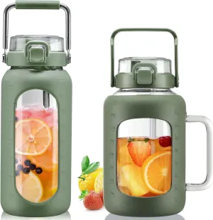 BLUEGO 64oz and 64oz Glass Water Bottles Bundle(64 Olive   64 Olive) with Straw and Lids Handle Large Water Bottle with Sleeve, Half Gallon Water Jug, Glass Water Container, BPA Free