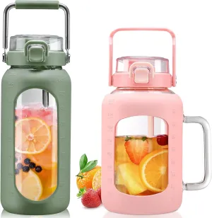 BLUEGO 64oz and 64oz Glass Water Bottles Bundle(64 Olive   64 Pink) with Straw and Lids Handle Large Water Bottle with Sleeve, Half Gallon Water Jug, Glass Water Container, BPA Free