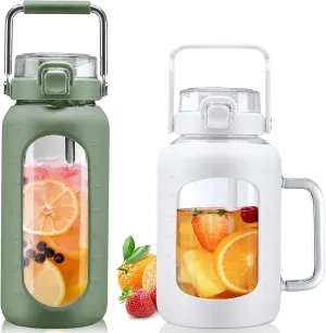 BLUEGO 64oz and 64oz Glass Water Bottles Bundle(64 Olive   64 White) with Straw and Lids Handle Large Water Bottle with Sleeve, Half Gallon Water Jug, Glass Water Container, BPA Free