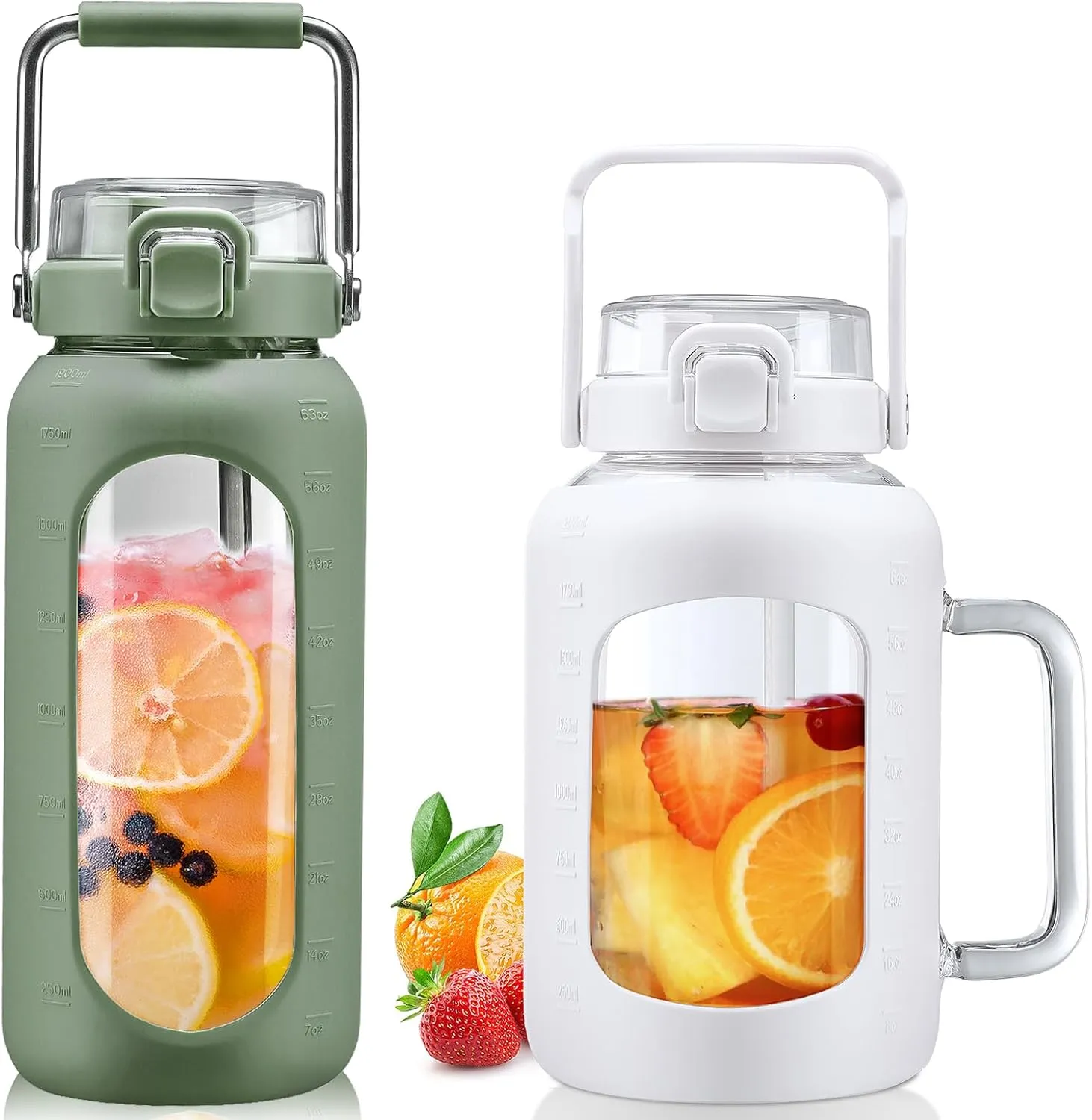 BLUEGO 64oz and 64oz Glass Water Bottles Bundle(64 Olive   64 White) with Straw and Lids Handle Large Water Bottle with Sleeve, Half Gallon Water Jug, Glass Water Container, BPA Free