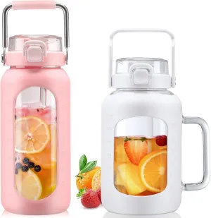 BLUEGO 64oz and 64oz Glass Water Bottles Bundle(64 Pink   64 White) with Straw and Lids Handle Large Water Bottle with Sleeve, Half Gallon Water Jug, Glass Water Container, BPA Free