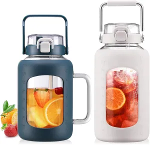 BLUEGO 64oz and 84oz Glass Water Bottles Bundle(64 DBlue   84 White) with Straw and Lids Handle Large Water Tumbler with Sleeve, Glass Water Container, 2 Liter Water Jug Glass, BPA Free
