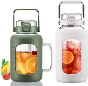 BLUEGO 64oz and 84oz Glass Water Bottles Bundle(64 Olive   84 White) with Straw and Lids Handle Large Water Tumbler with Sleeve, Glass Water Container, 2 Liter Water Jug Glass, BPA Free