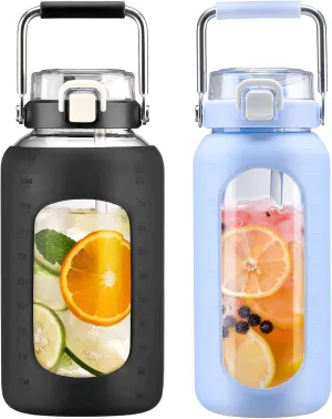BLUEGO 84oz and 64oz Glass Water Bottles Bundle(84 Black   64 Light Blue) with Straw and Stainless Steel Handle, Large Water Bottle with Sleeve, Half Gallon Water Jug, Glass Water Container, BPA Free