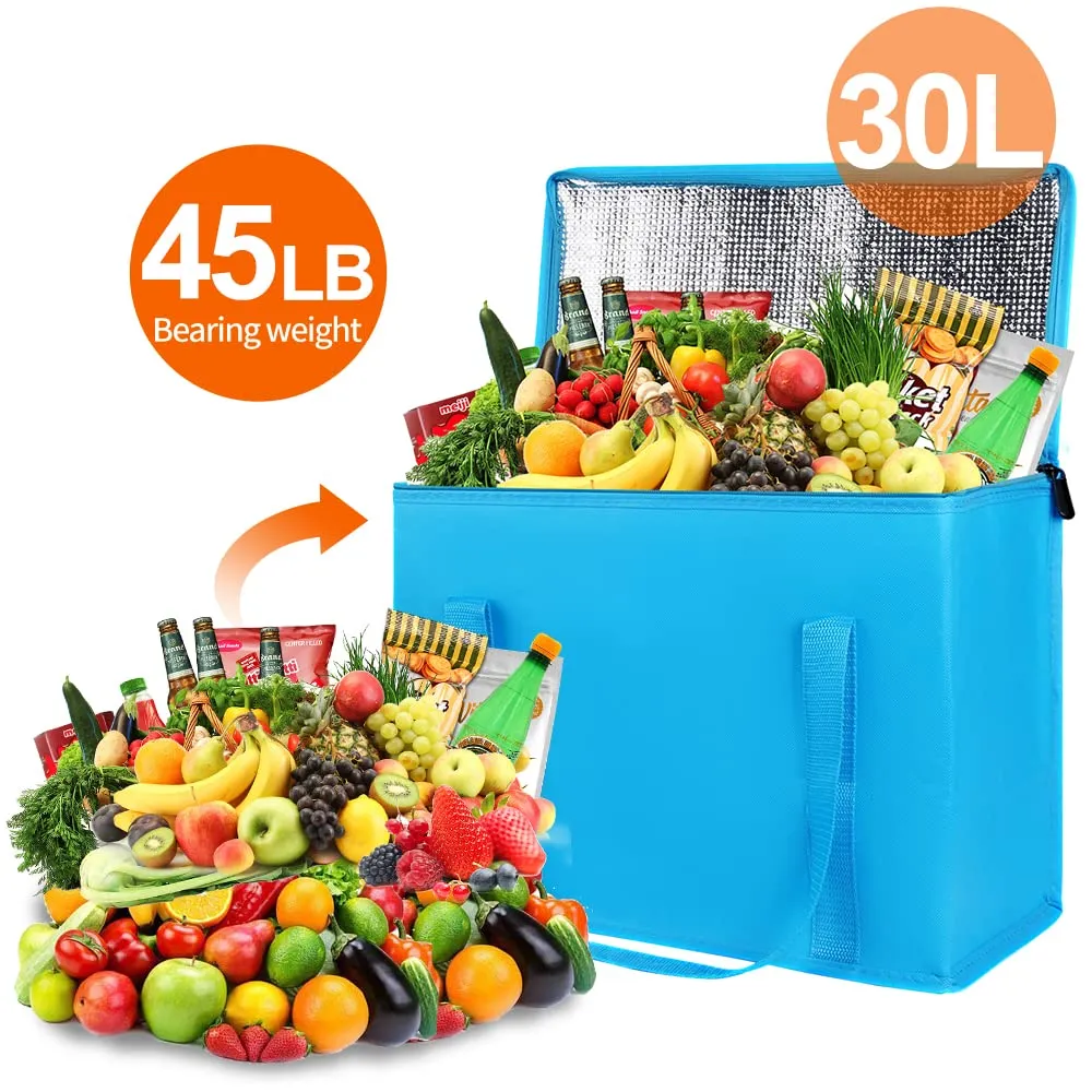 Bodaon 5-Pack Cooler Insulated Food Delivery Bag, Thermal Hot Pizza，X-Large Bags With Top Zippered for Grocery/DoorDash/Catering/Shopping, Large Cold and Frozen Door Dash Accessories, XL Tote, Blue