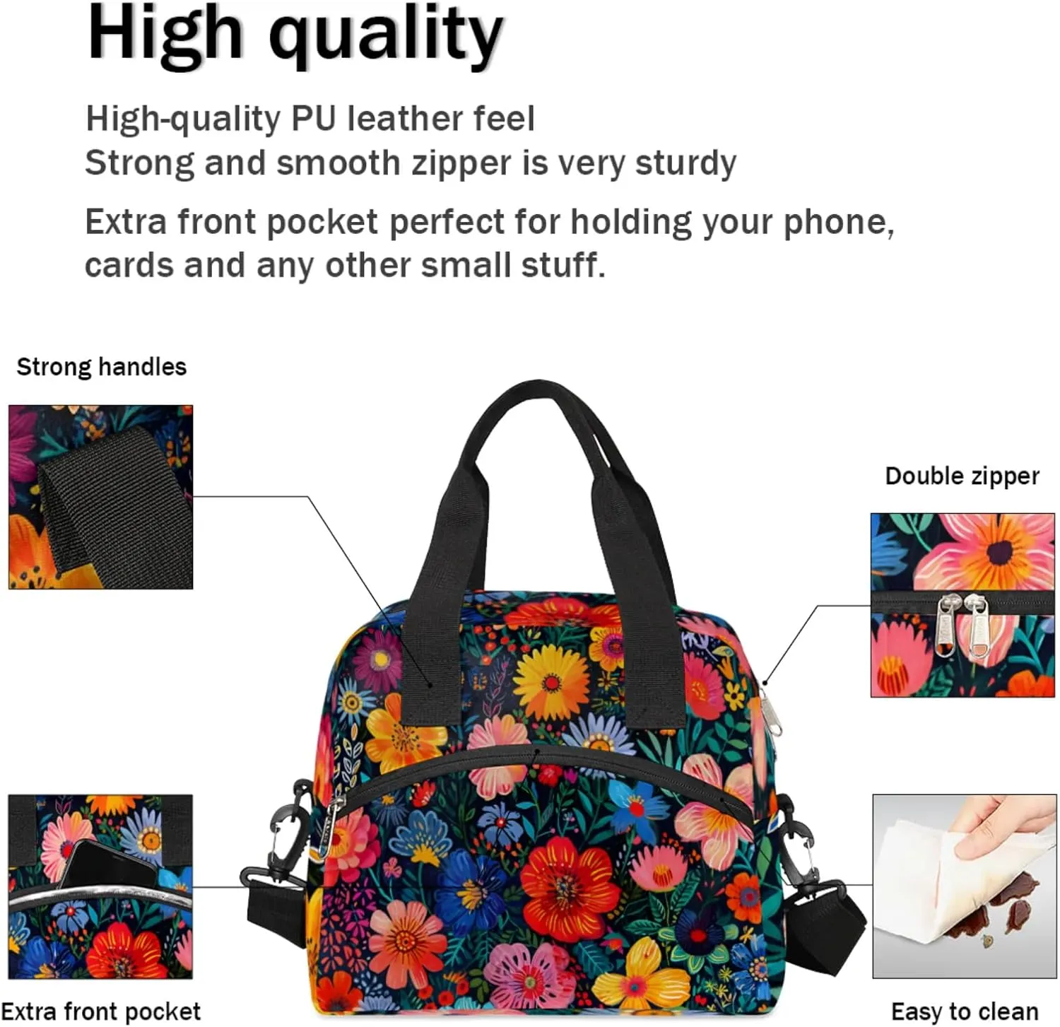 Boho Flower Blossom Lunch Box by Insulated Lunch Bag Reusable Leak-Proof Cooler Bag With Adjustable Shoulder Strap