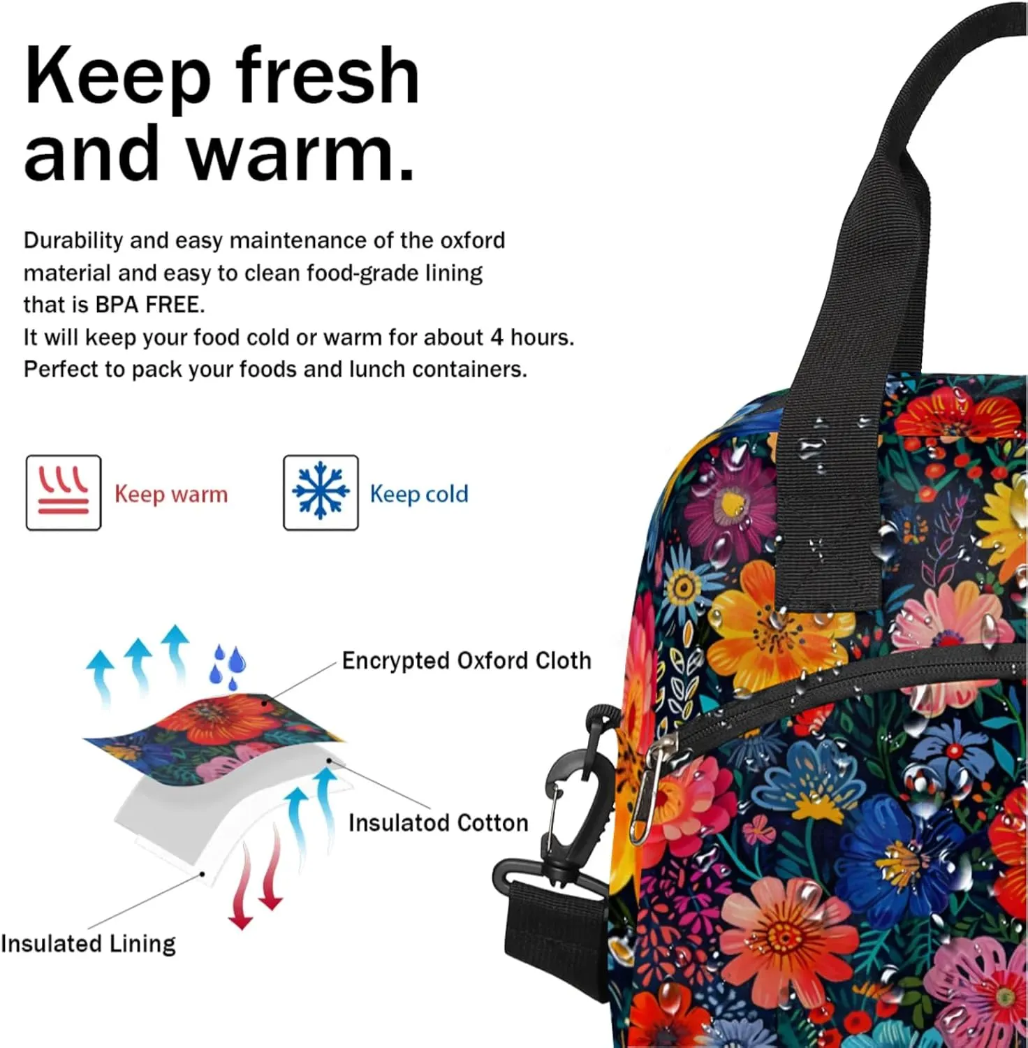 Boho Flower Blossom Lunch Box by Insulated Lunch Bag Reusable Leak-Proof Cooler Bag With Adjustable Shoulder Strap