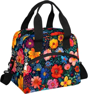 Boho Flower Blossom Lunch Box by Insulated Lunch Bag Reusable Leak-Proof Cooler Bag With Adjustable Shoulder Strap