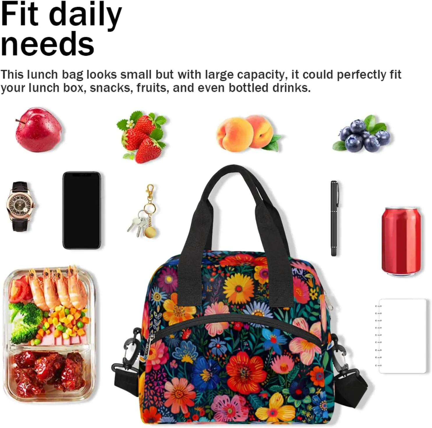 Boho Flower Blossom Lunch Box by Insulated Lunch Bag Reusable Leak-Proof Cooler Bag With Adjustable Shoulder Strap