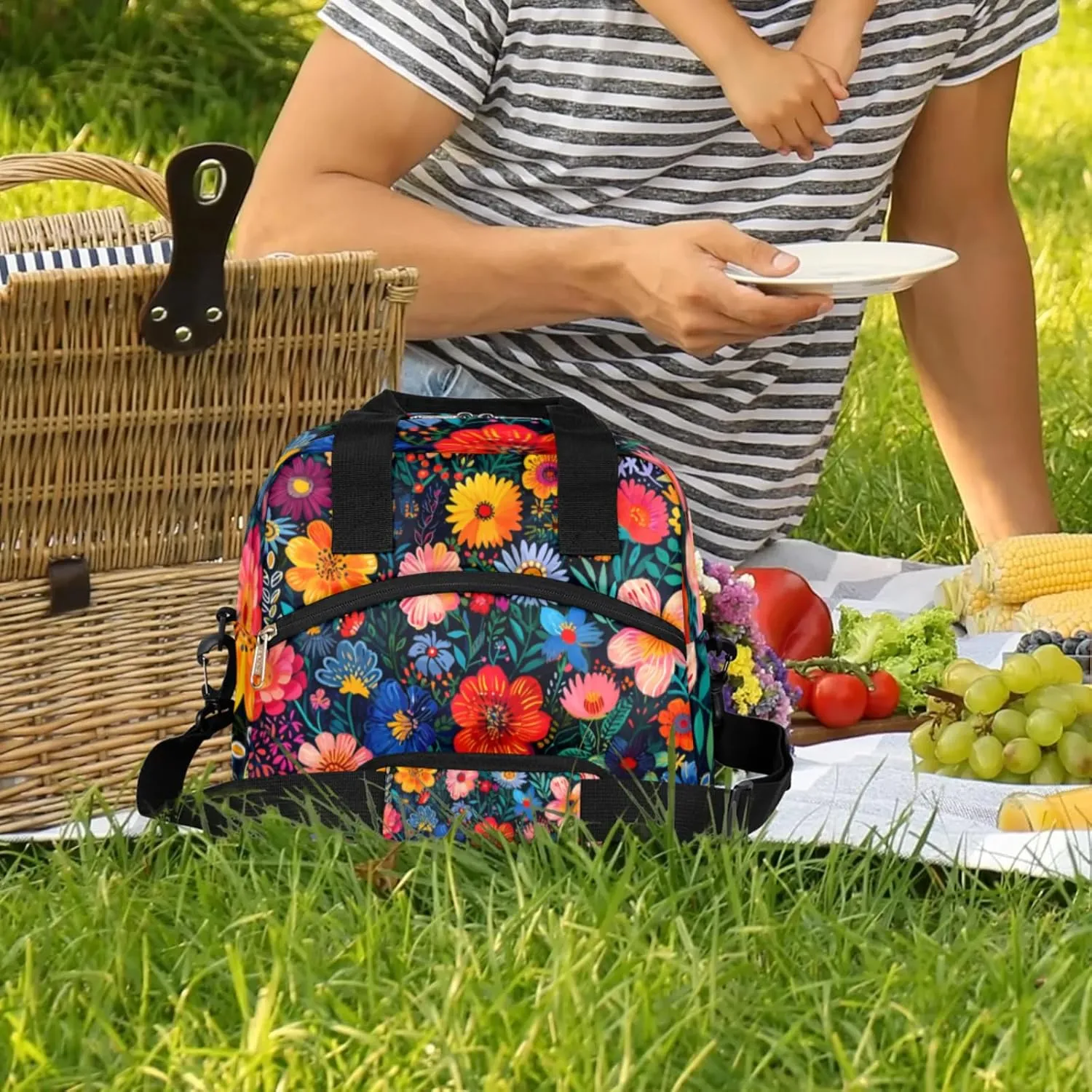 Boho Flower Blossom Lunch Box by Insulated Lunch Bag Reusable Leak-Proof Cooler Bag With Adjustable Shoulder Strap