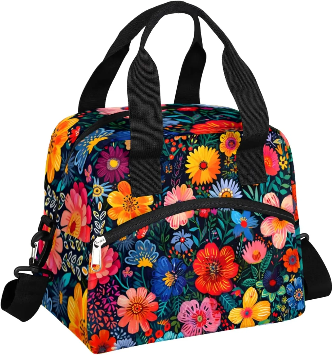 Boho Flower Blossom Lunch Box by Insulated Lunch Bag Reusable Leak-Proof Cooler Bag With Adjustable Shoulder Strap