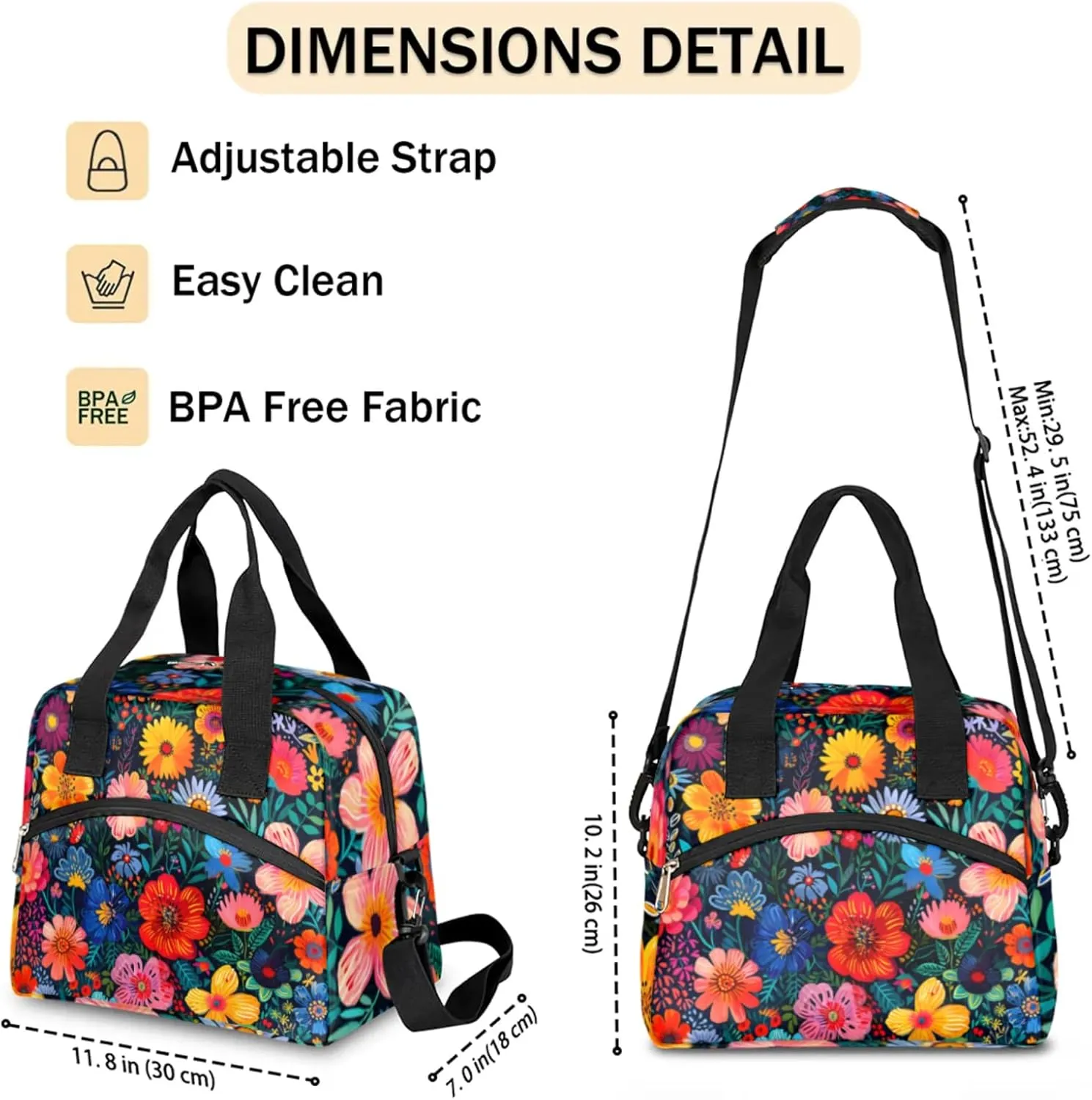 Boho Flower Blossom Lunch Box by Insulated Lunch Bag Reusable Leak-Proof Cooler Bag With Adjustable Shoulder Strap