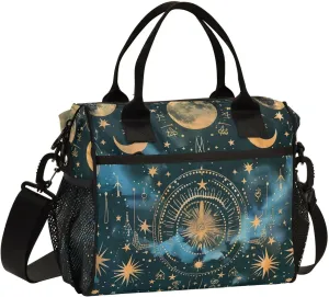 Boho Magic Moon Stars Lunch Bag for Women, Insulated Lunch Box for Students, Women's Lunch Tote Bag with Side Pockets & Removable Shoulder Strap Large Cooler Purse for Picnic Work Beach Multicolor