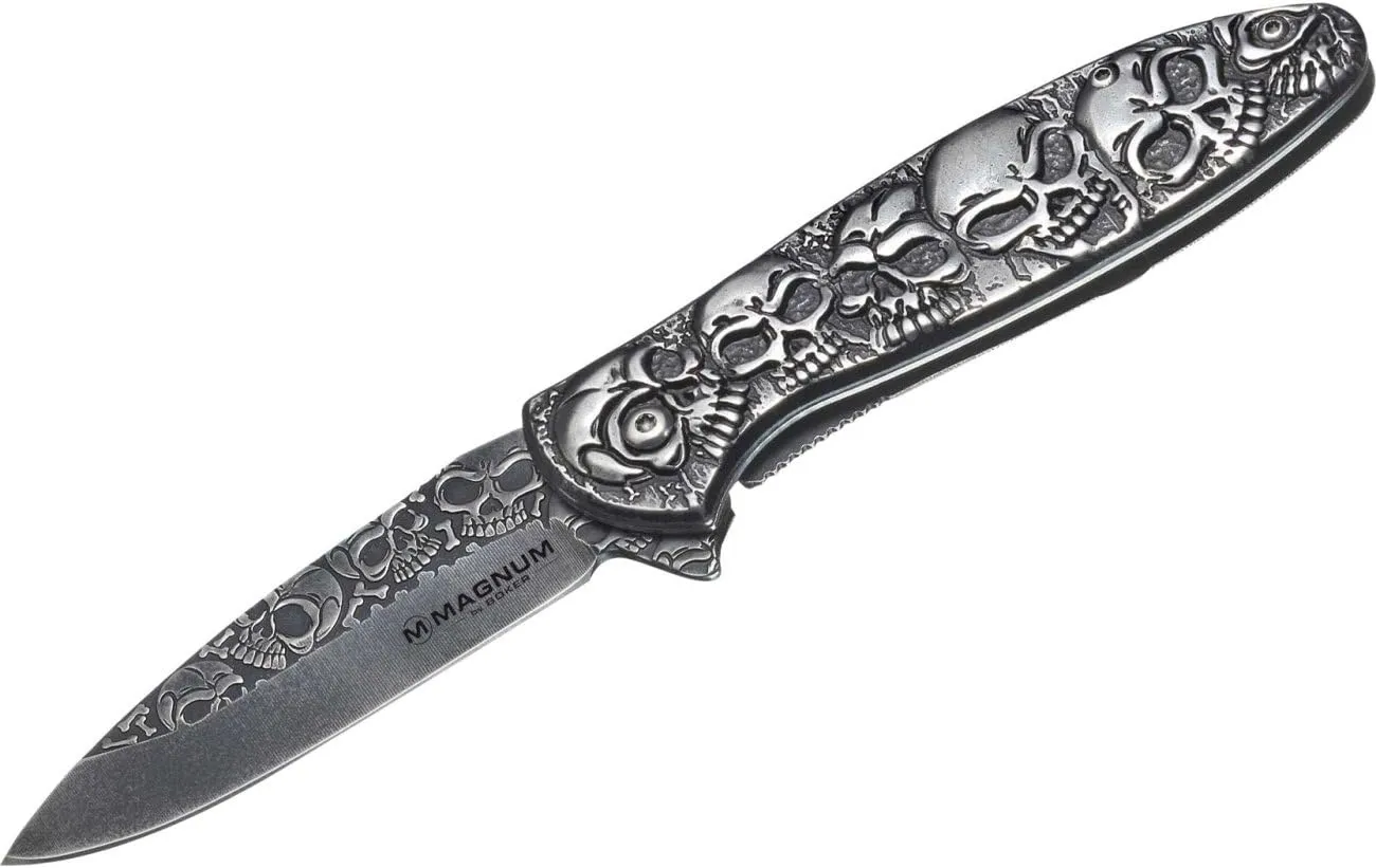 Boker Magnum 01SC519N Dia De Los Muertos Knife with 3 3/8 in. 440 Stainless Steel Blade, Silver