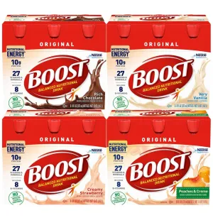Boost Original Nutritional Drink Variety Pack, 1 Chocolate, 1 Vanilla, 1 Strawberry, 1 Peaches N Creme, 6 Bottles/Package, 4 Packs (24 Bottles Total)