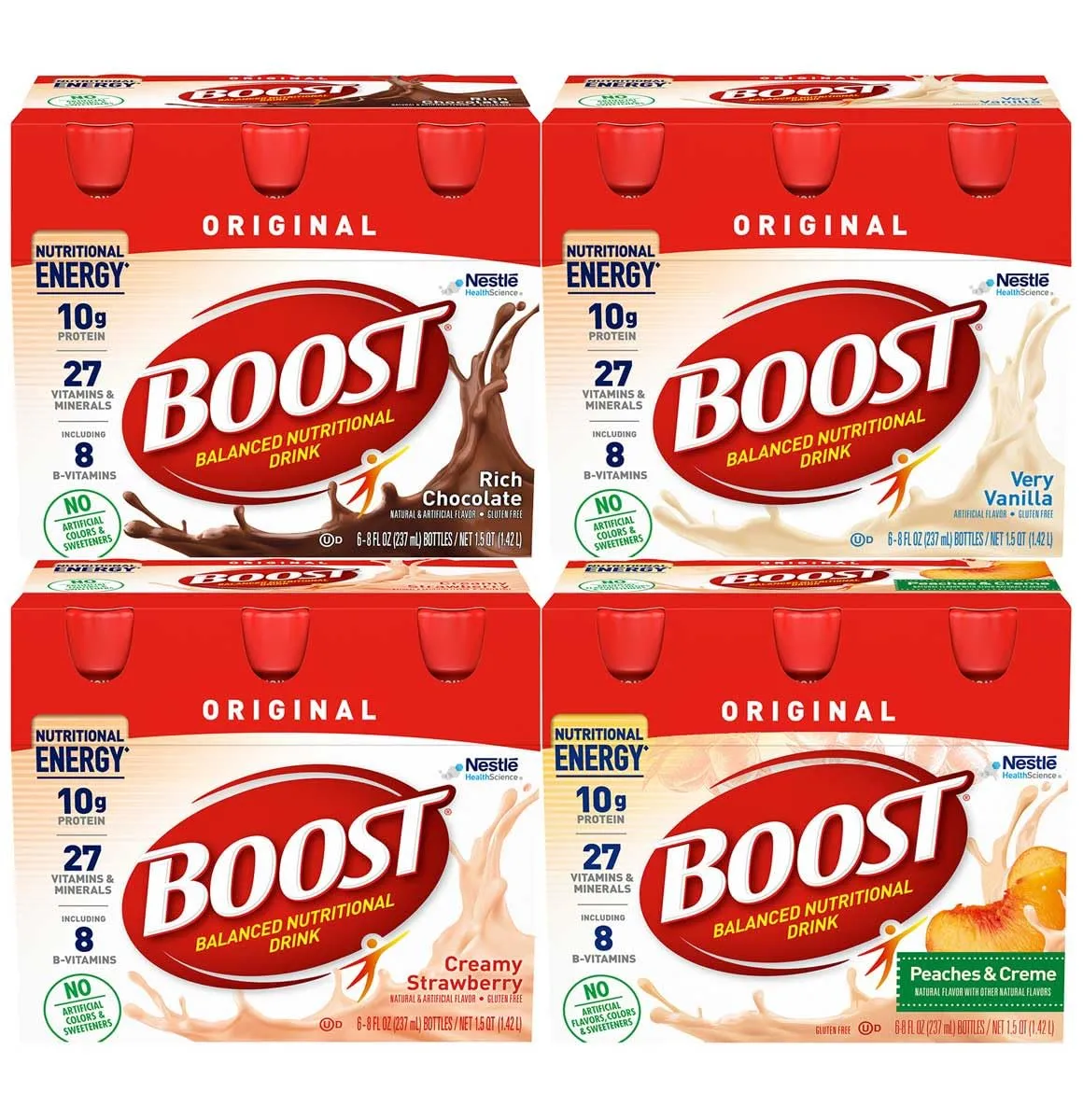 Boost Original Nutritional Drink Variety Pack, 1 Chocolate, 1 Vanilla, 1 Strawberry, 1 Peaches N Creme, 6 Bottles/Package, 4 Packs (24 Bottles Total)