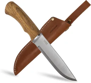 BPS Knives BK06 Camp Knife With Leather Sheath - Large Hunting Outdoor Knife Fixed Blade Stainless Steel Camping Knife EDC Scandi Grid Hard Wood Walnut Handle Fixed Blade Knives With Sheath
