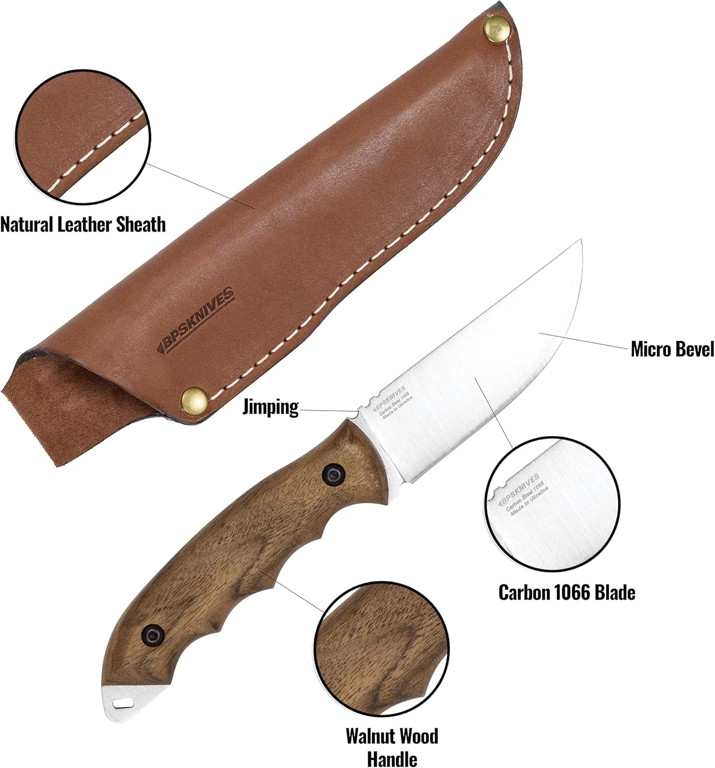 BPS Knives HK4 CSH - Fixed-Blade Carbon Steel Knife - Camping Full-Tang Knife with Leather Sheath - Survival Tactical Knife - Handmade Camp Knives - Utility Knives with Wood Handle